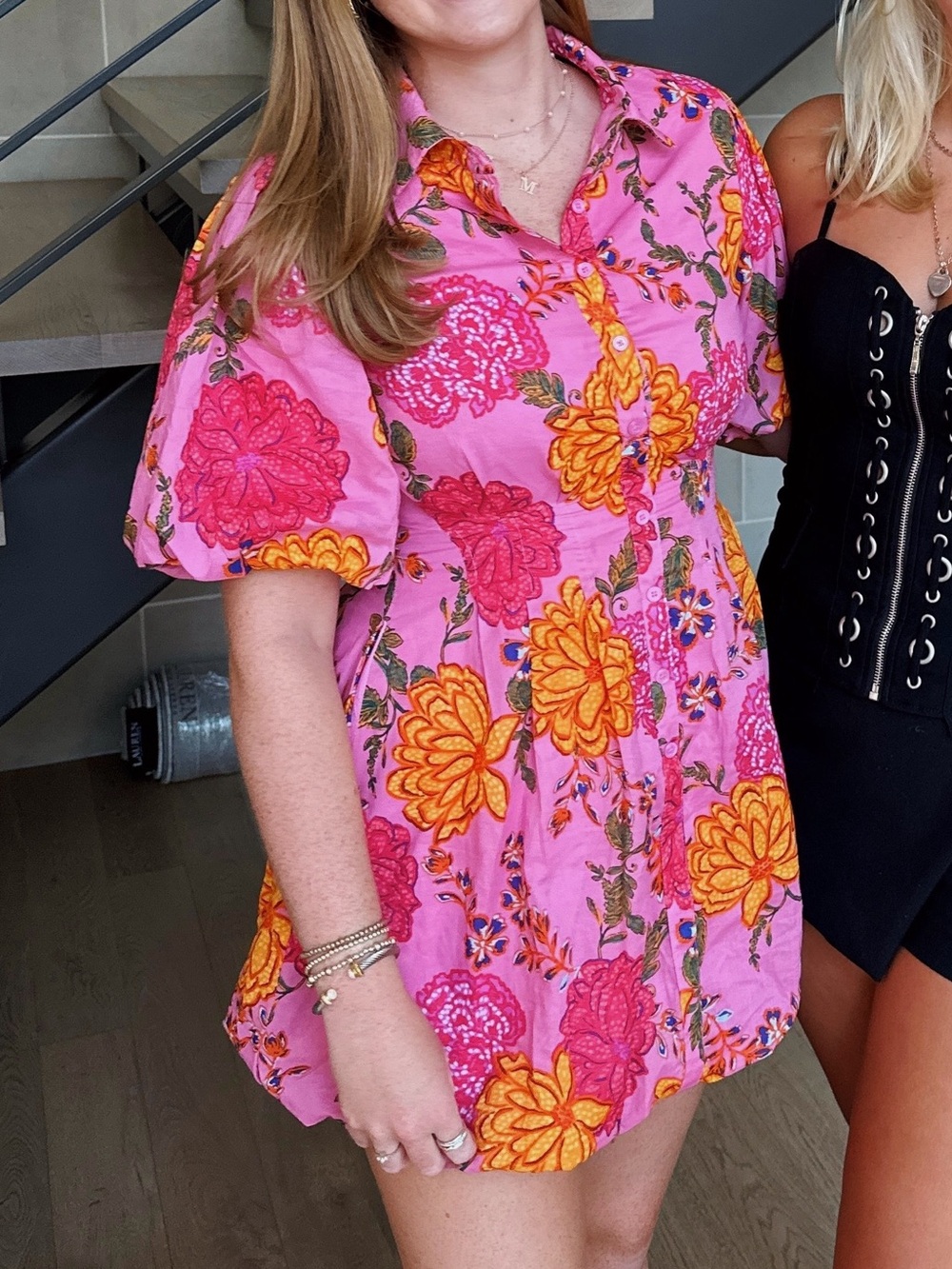 Floral Button-Front Pink Mini Dress